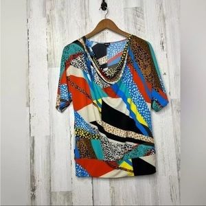 Rafaella Women's Draped Cowl Neck Animal Print Top Orange Brown Size Small